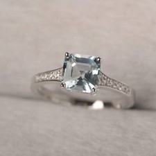 Natural Aquamarine Asccher Cut Ring, 925 Sterling Silver White Gold Plated Ring