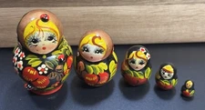 Russian Nesting Dolls Women & Girls Ladybug Hand Painted Wood Art 5 pc VTG