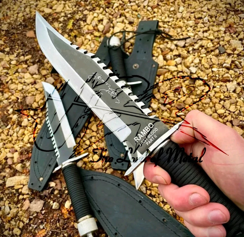 CUSTOM HANDMADE HIGH CARBON STEEL RAMBO 2 BOWIE KNIFE WITH LEATHER SHEATH - Image 3 of 3