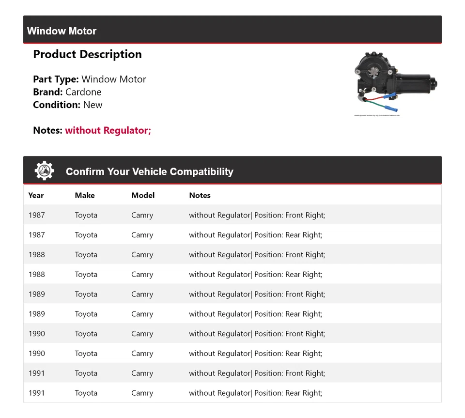 Para Toyota Camry 1987-1991 ventana motor cardone 1988 1989 1990 Foto 2 de 4