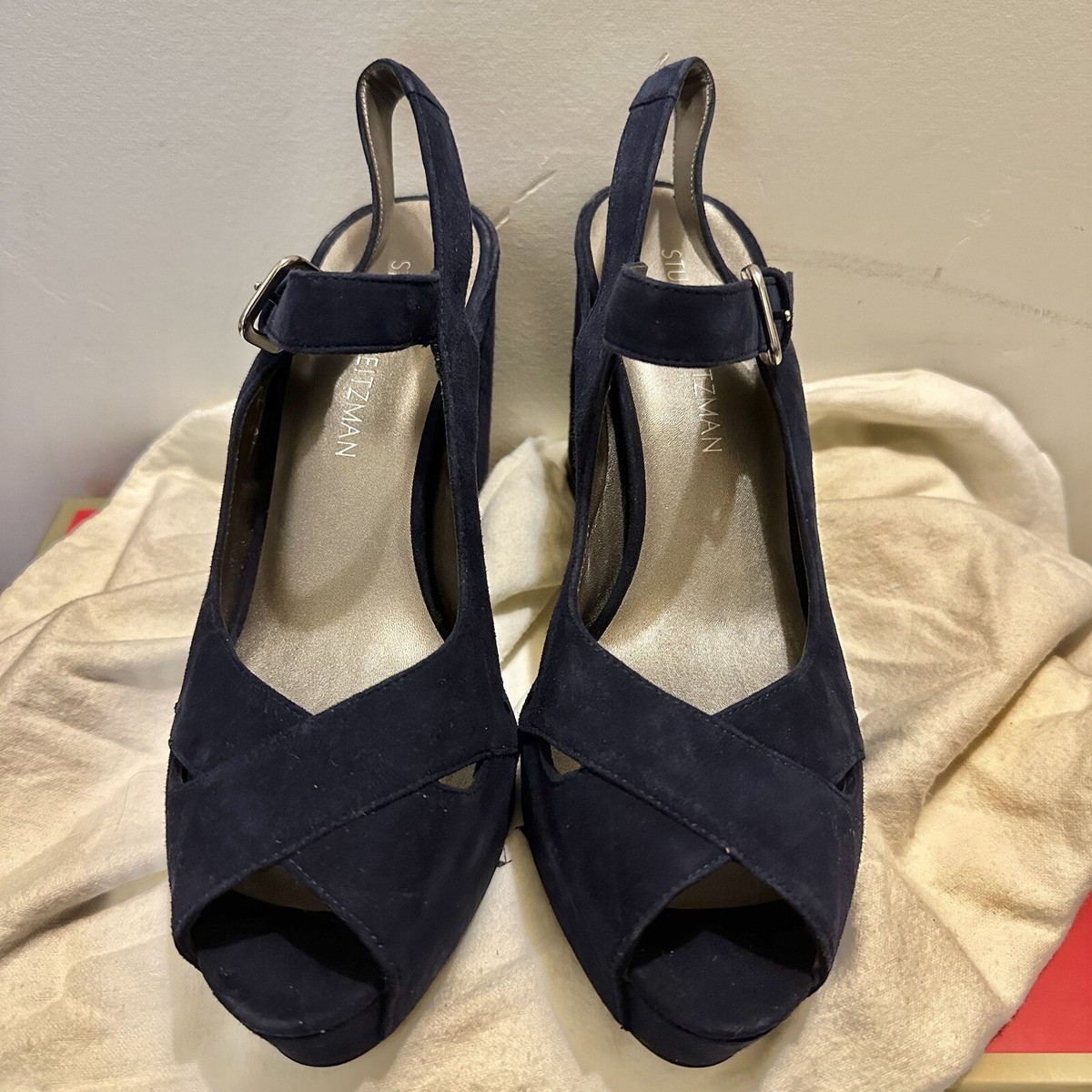 Stuart Weitzman Turnover Suede Leather Peep Toe Ankle Strap