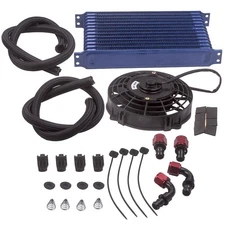 AN10 13 Row Engine Trust Oil Cooler + 7" Electric Fan Kit Blue for Universal