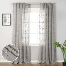 MYSKY HOME Pom Pom Grey Sheer Curtains for Bedroom Girls Room Curtains for Nurse