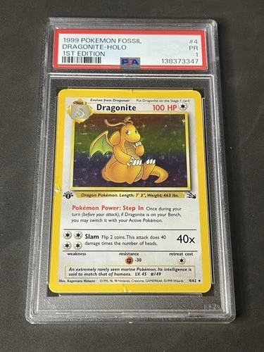 1999 POKEMON FOSSIL 1ST ED #4 DRAGONITE-HOLO PSA 1