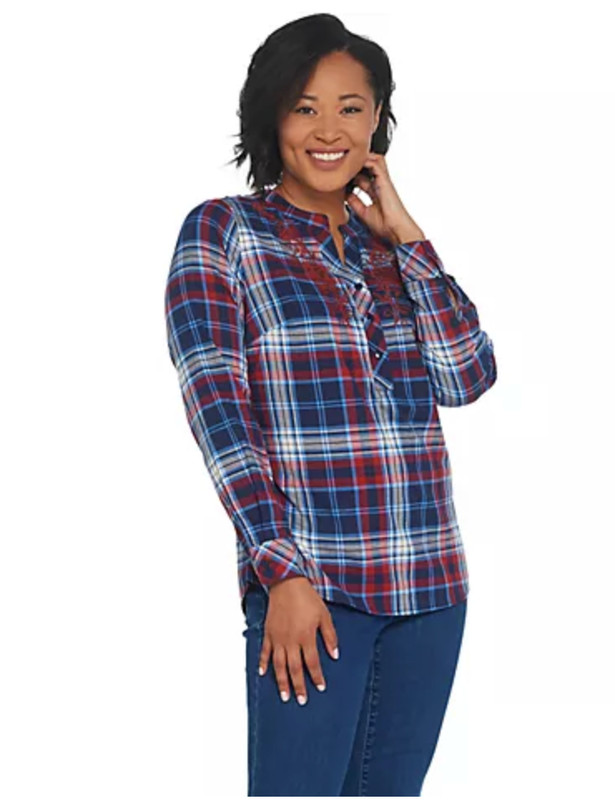 Denim & Co. Green XS Stretch Plaid Herringbone Shirt with Embroidery A342487