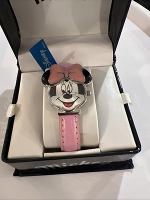 DEFECTIVE Disney Minie  Watch Mck100 Womens Wristwatch Pink Leather Stra G3D