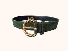 Vintage 80s 1928 Brand Emerald Green Suede Leather Belt Gold Buckle Statement