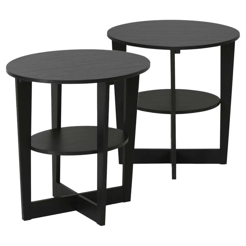 Round End Table Set of 2 Modern Storage Shelf Cross Legs Indoor Furniture New - Image 2 of 4