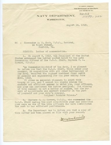 1913 SEC. NAVY JOSEPHUS DANIELS LOC SIGNED for WOODROW WILSON~GUNNERY, USS IDAHO