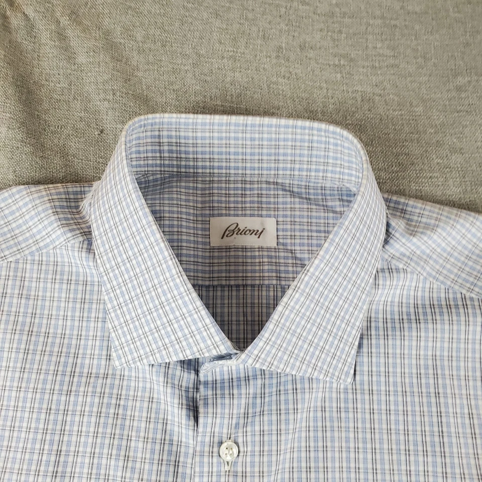 Brioni Shirt Mens 18 46 Blue Plaid Button Up Long Sleeve Cotton Italy Business  - Image 4 of 4