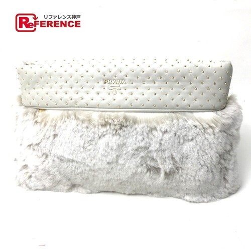 PRADA Trimmed Gold Studs Clutch Bag Handbag Party Bag Second Bag Off White Ladie