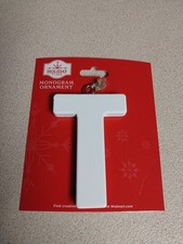 Letter T White Wood Holiday Time Monogram Ornament Craft, Made of Wood NWT