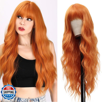 Vomella Orange Wig Bangs Ginger Wig 26 Inch Long Curly Wavy Orange Hair Wigs