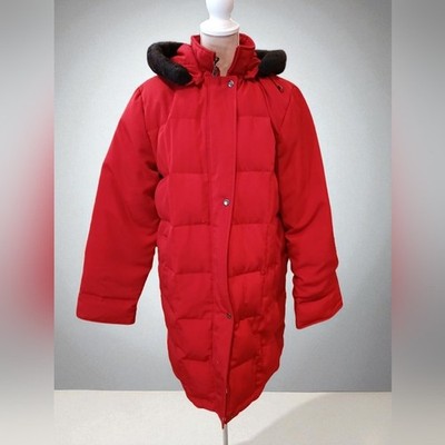 Centrigrade Feather Down Red Puffer Quilted Long Coat Womans Faux Fur Large