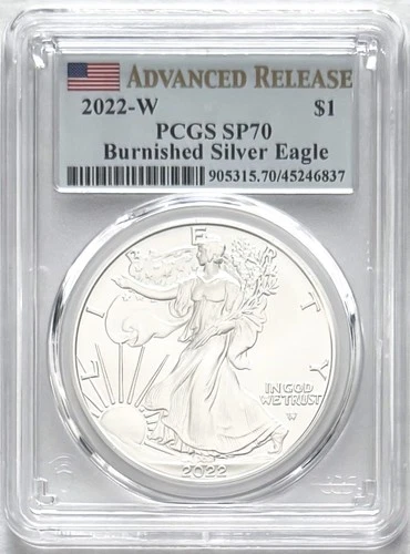 2022 W BURNISHED SILVER EAGLE W MINT MARK ADVANCED RELEASE PCGS SP70/MS70 FLAG