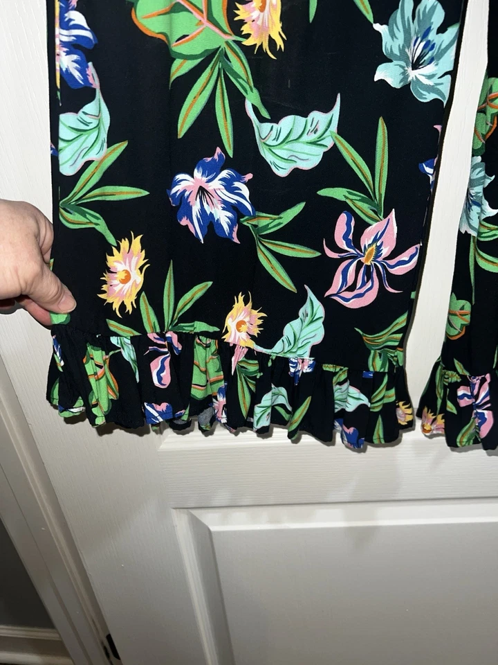 Saint Tropez West Talla L Grande Negro Tropical Pierna Ancha Elastizada Cintura Pantalones Volantes Foto 3 de 4