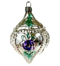 Vintage Christmas Ornament Double Sided Flower Blown Glass Silver Green 3"