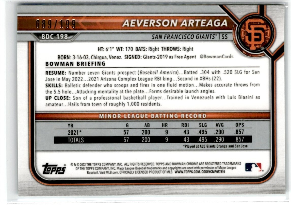 2022 Bowman Draft Aqua Lava Refractor Aeverson Arteaga /199 #BDC-198 San