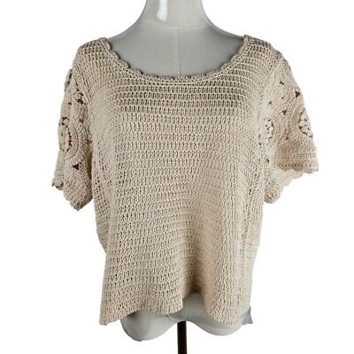 Vintage Solitaire Large Crocheted Knit Top Beige Circles Open Knit Short Sleeve