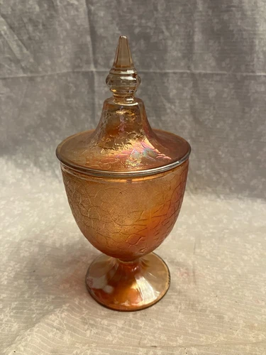 carnival marigold Jeanette compote candy dish with lid. 8 inch. Iridescent. Crac