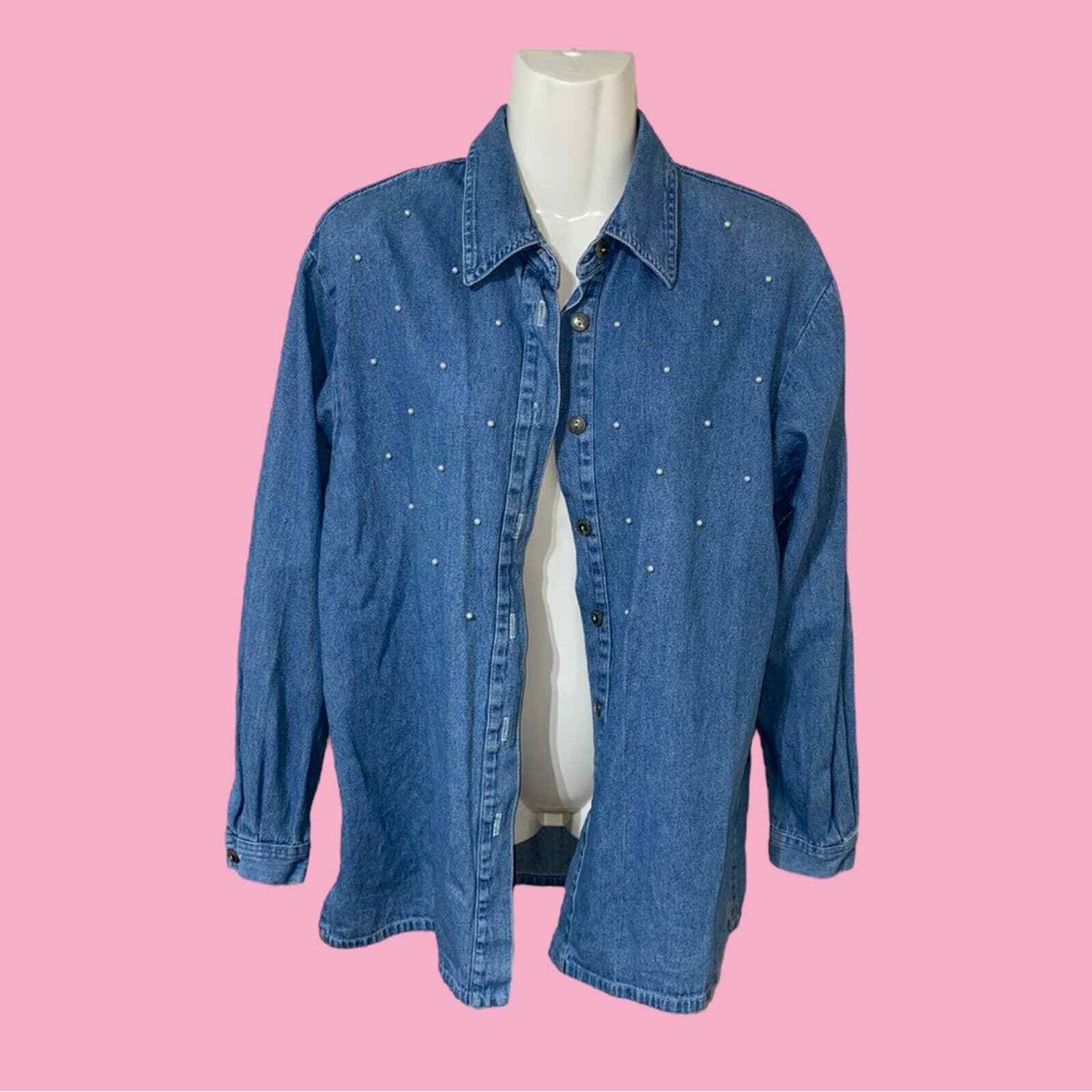 Vintage Denim Pearl Embellished Button Up Collared Sh… Gem