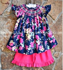 Smocked A Lot Girls Short Set Navy Blue Floral Pink Birthday Dress Outfit Easter