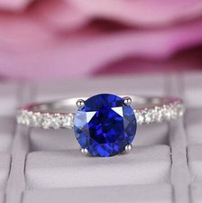 2ct Round Sapphire Ring Lab-Created Moissanite Round Accent White Gold Plated