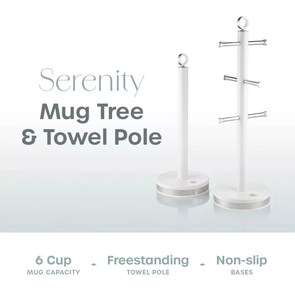 Swan Serenity White Mug Tree Towel Pole Set with Steel Accents