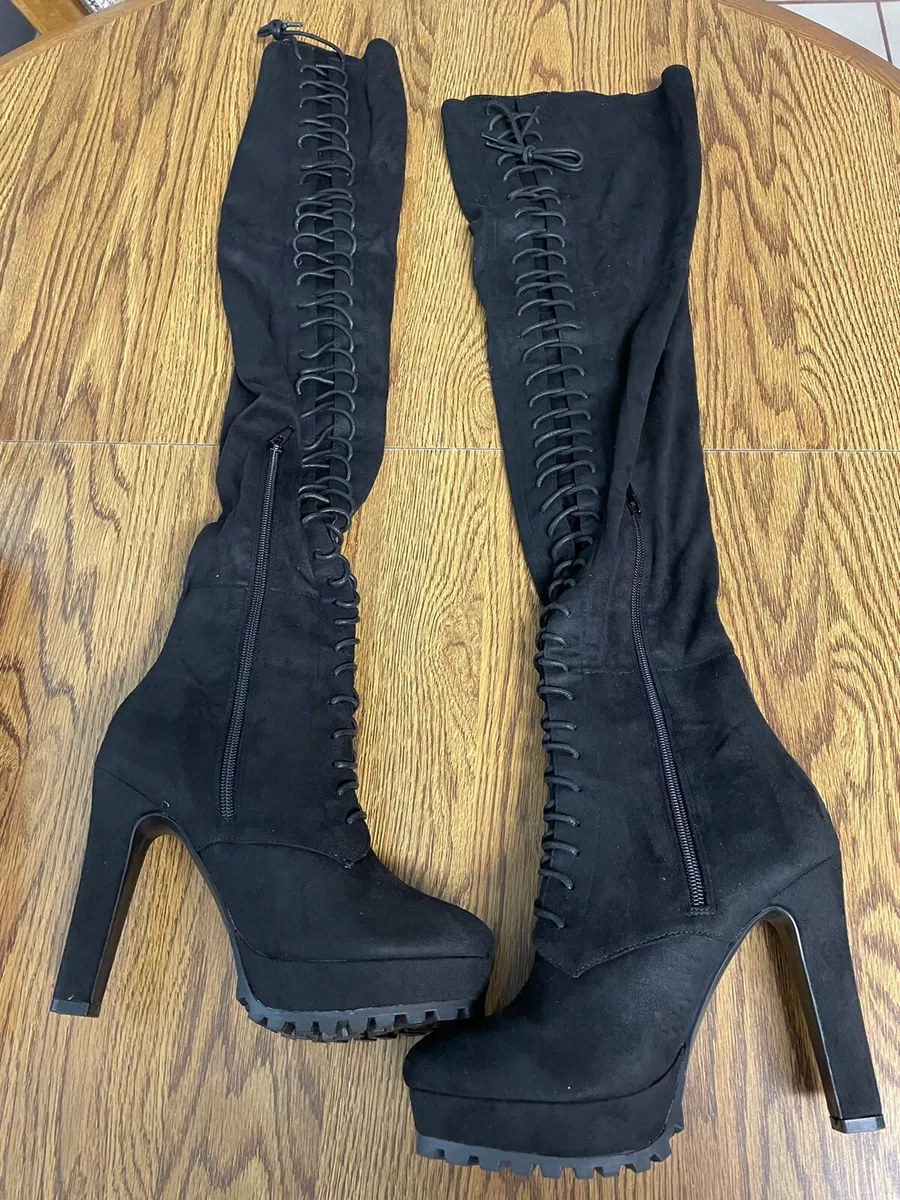 SHOEDAZZLE NEW Women Faux Suede Black Over Knee Lace High Heel