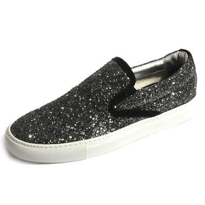 B0417 sneaker donna P448 E5 SLIPON scarpa nera glitter shoes women