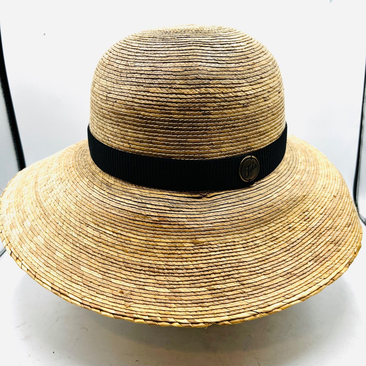 Sunhat: In a Tan and Black Color Flat Tan Wide Brim Sun Hat With Black Ribbon Trim at Amazon  main image 2