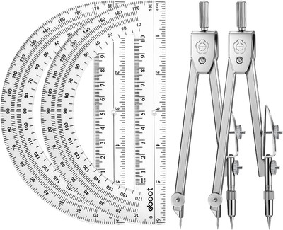 2 Set Protractor and Compass Set, Student Geometry Math Set Drawing Compass and 