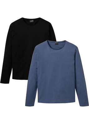 2er Pack Langarmshirt mit Rollsaum Gr. 44/46 (S) Schwarz Indigo Herren Shirt Neu