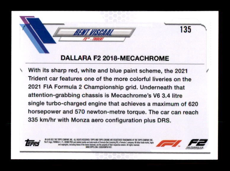 2021 Topps Chrome Formula 1 Black & White RayWave #135 Bent Viscaal F2 Cars - Image 2 of 2