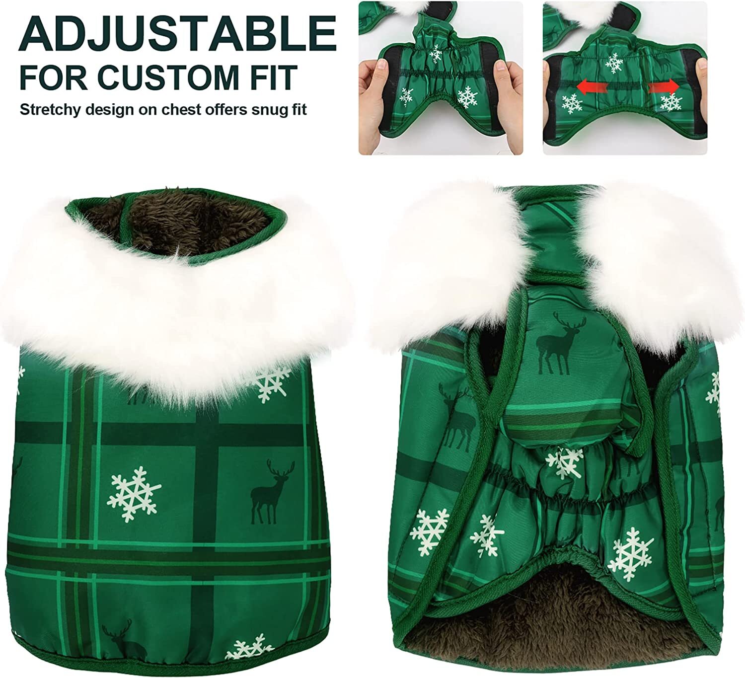 Christmas Dog Coat Windproof Jacket Fleece Lined Green with White Fur