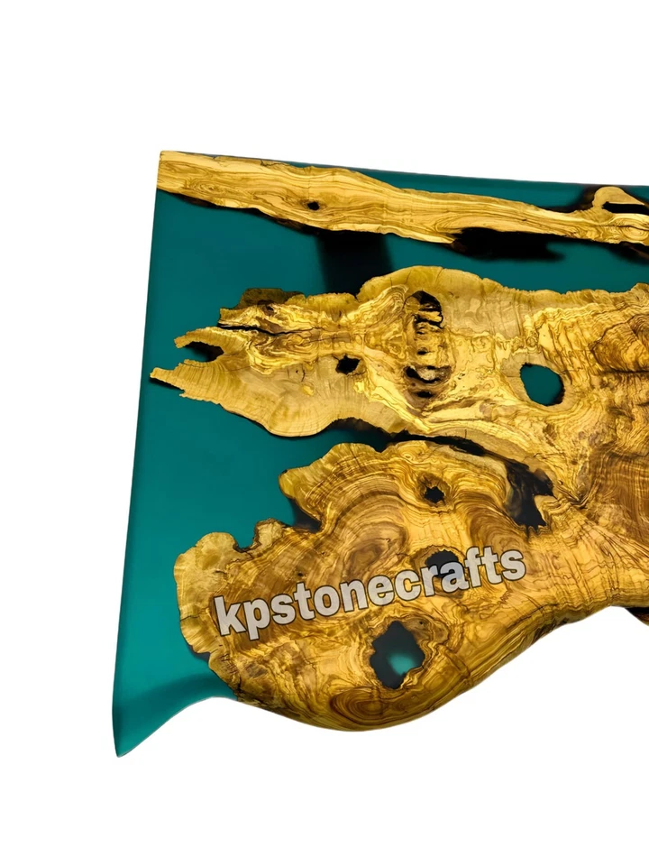 Turquoise Ancient Olive Epoxy Resin Dining Live Edge Table- Dining table/ sofa t - Image 4 of 4