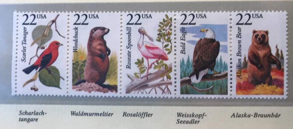 USA 1987 5er-Streifen Tangare Murmeltier Löffler Seeadler Braunbär postfrisch - Bild 1 von 1
