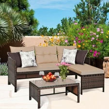 3 PCS Patio Wicker Corner Rattan Sofa Set Sectional Conversation Furniture Set