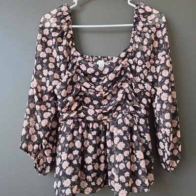 American Eagle Outfitters Floral Square Neck Smocked Peplum Blouse M Coquette