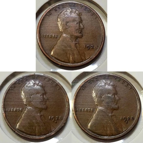Lot of (3) Lincoln Wheat Cents: 1928-P 1928-D, 1928-S - F/VF, G+, F Obverse