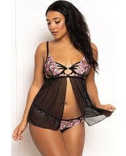 Seven 'til Midnight Floral Lace and Mesh Underwire Babydoll Set, Black/Pink