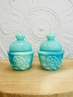 Vintage Avon Field Flowers Powder Sachet Jars Pair Aqua Milk Glass Rose