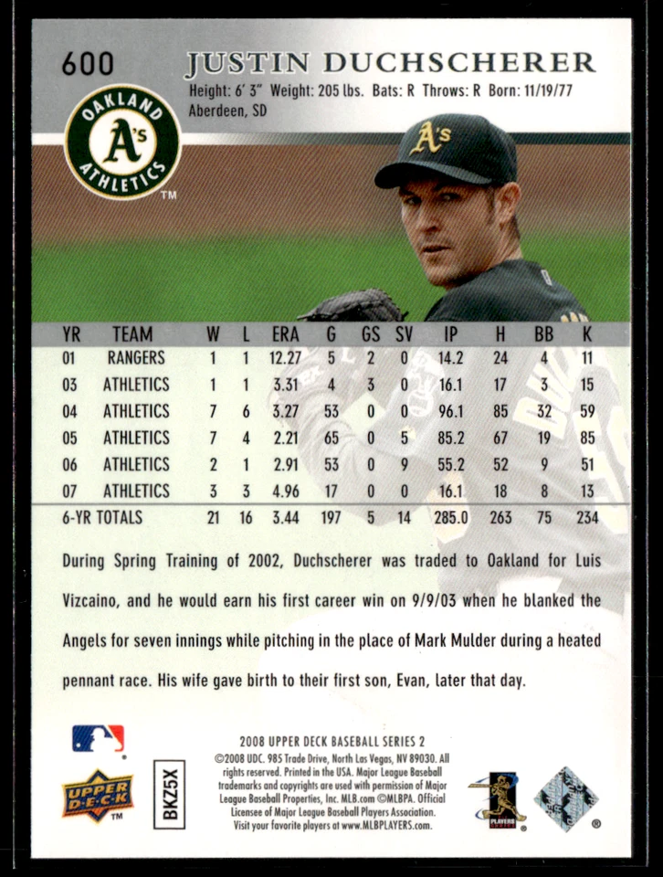 2008 Upper Deck - Justin Duchscherer #600 - Image 2 of 2