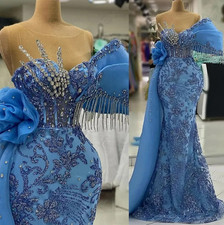 Mermaid Sky Blue Prom Dresses Crystals Tassels Sequined Evening Formal Dress