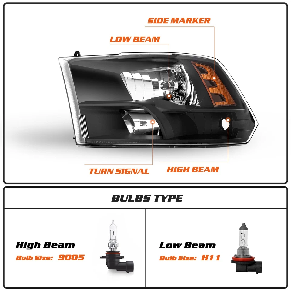 For 2009-2018 Dodge Ram 1500 2500 3500 Quad Black LH+RH Headlights/lamps 09-18 - Image 2 of 4