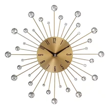 Gold Iron round Sunburst Design Wall Clock Clear Acrylic Bead Retro Vintage