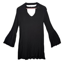 Boho Bell Sleeve Black Mini Dress Hippie Womens Small Rayon Lightweight Travel