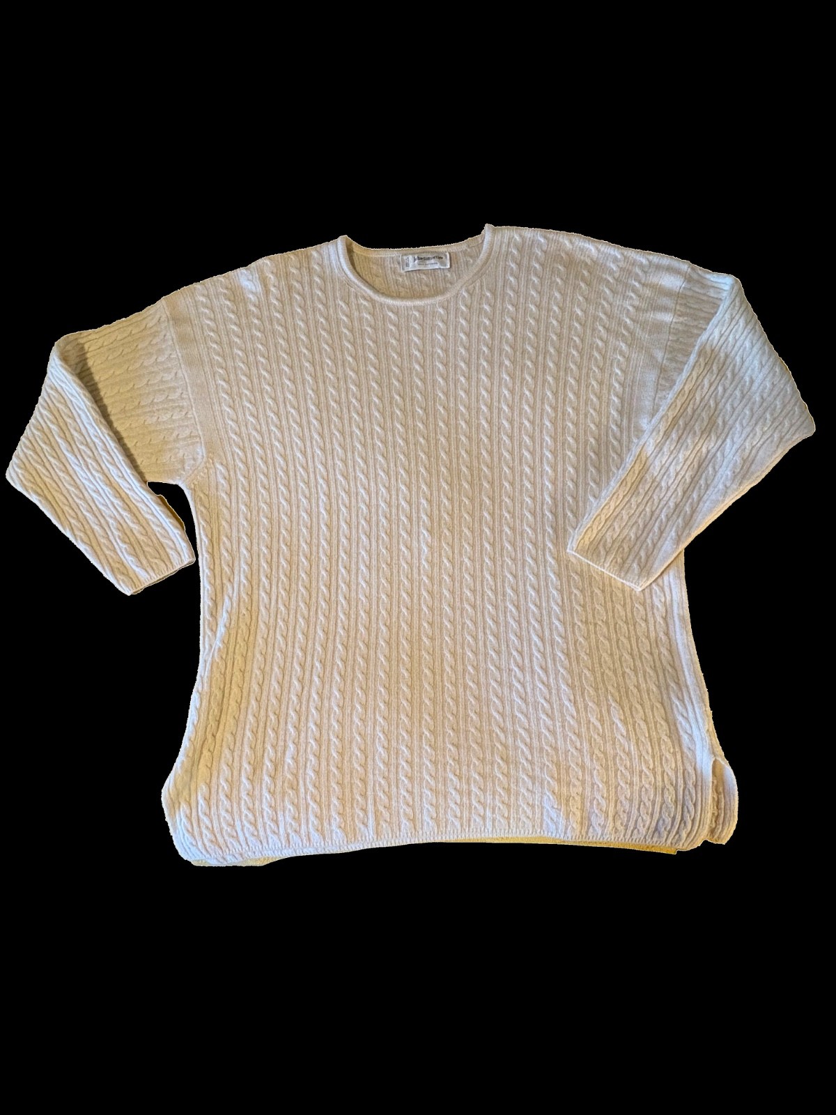 VINTAGE IVORY "JOHNSTONS OF ELGIN" CASHMERE BABY CABLE KNIT CREWNECK SWEATER 3XL