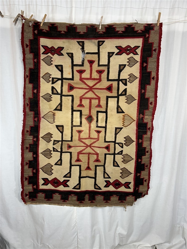antique Navajo rug beige red black 1900 original 40x55 worn 