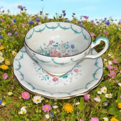E B FOLEY CHINA TEACUP & SAUCER ENGLAND 1950's Vintage Pink Yellow Blue Floral